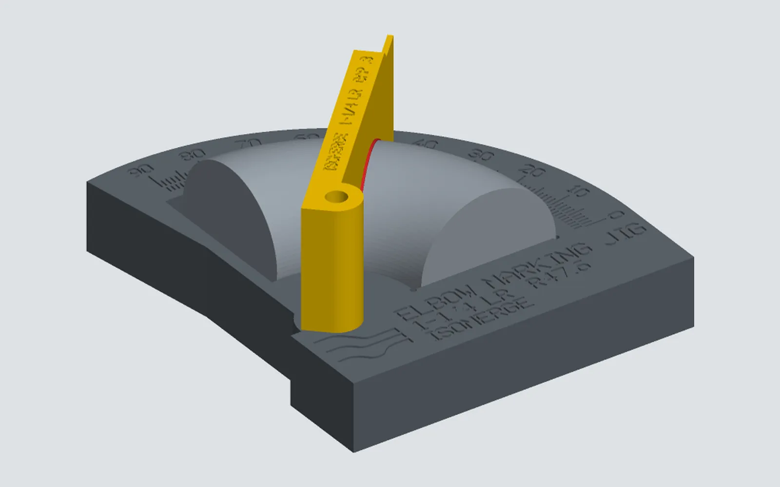 A 3D-printed marking jig holding a butt-weld elbow, with its fence set to 45 degrees