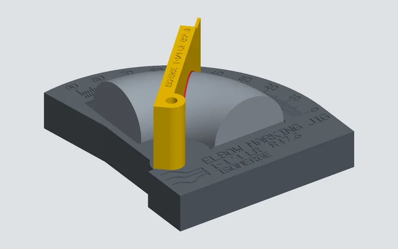 A 3D-printed marking jig holding a butt-weld elbow, with its fence set to 45 degrees